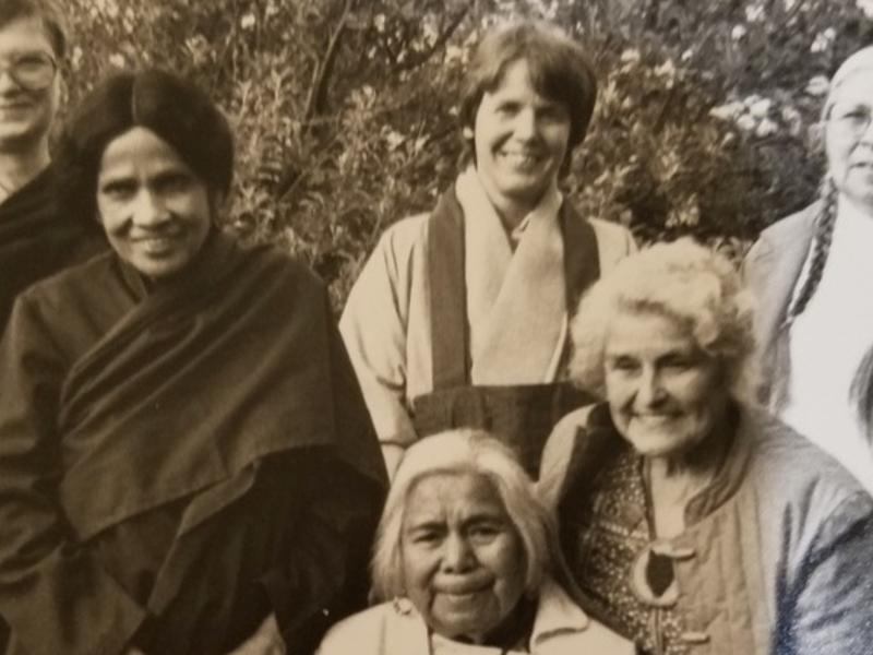 Rina Sircar standing with Buddhist nuns and Native Elders (sometime in the 1990's)