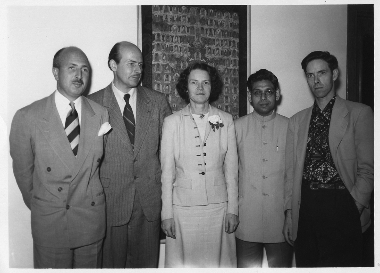 Group photo of Louis P. Gainsboroug, Frederic Spiegelberg, Judith Tyberg, Haridas Chaudhuri, and Alan Watts. Circa 1951