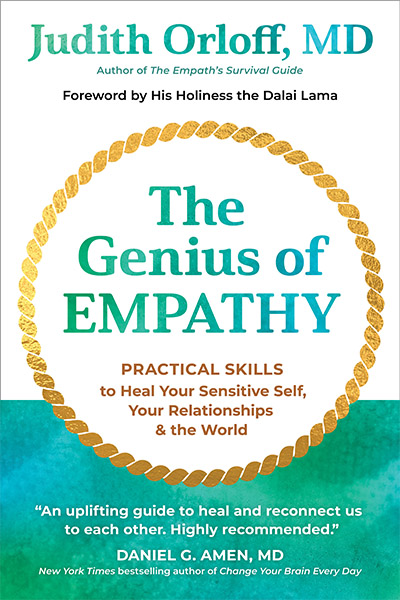 Dr. Judith Orloff book cover for "The Genius of EMPATHY." The text is inside a yellow-braided circle with a green band and Dr. Orloff's name at the top in shades of blue and green.