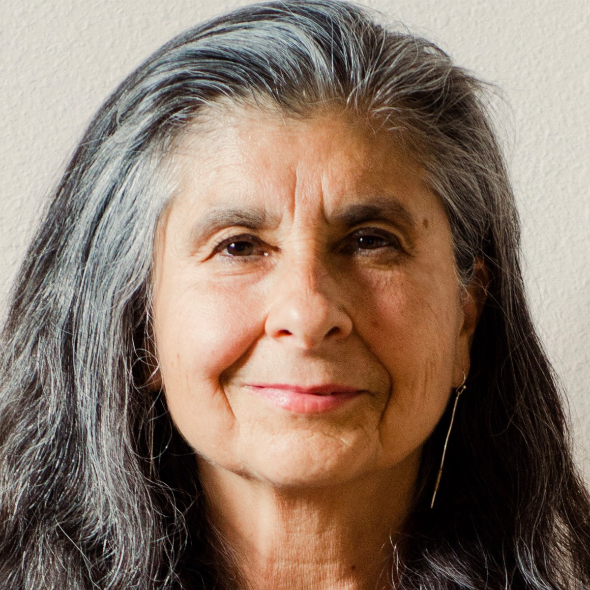 Susan Aposhyan color portrait. Susan is an older woman with long, silver and dark-colored hair. She is smiling in this posed photo.