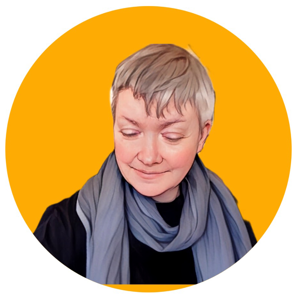 Rae Johnson color portrait. Rae is an white person, who is looking down slighting and wearing a gray scarf and dark-colored top and is posed against a bright yellow/mustard background.