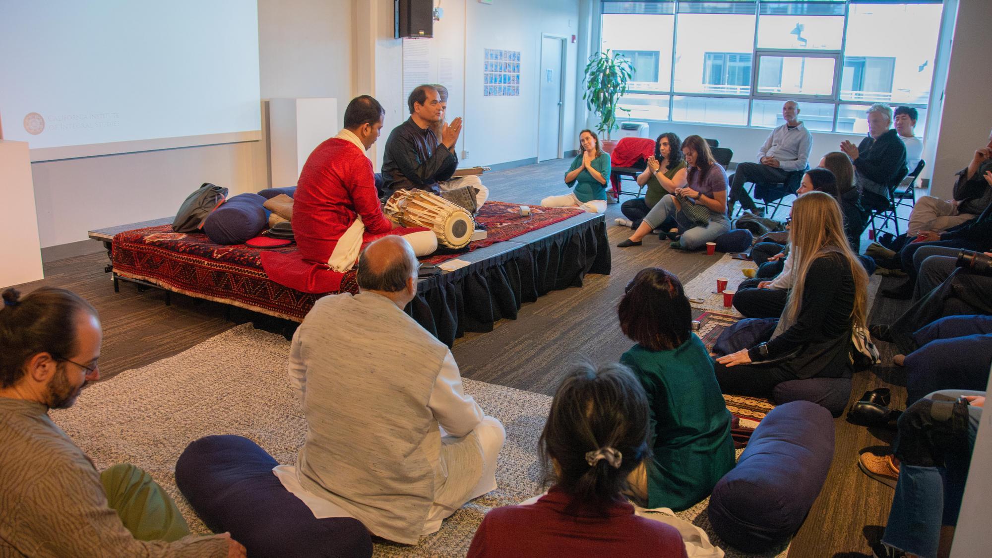 Photo still from an evening hosted by Asian Contemplative and Transcultural Studies Program of contemplative conversation and enchanting music featuring world-renowned Dhrupad vocalists.