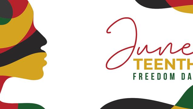 Drawing of a person in red, yellow, green and black with a writing saying Juneteenth Freedom Day