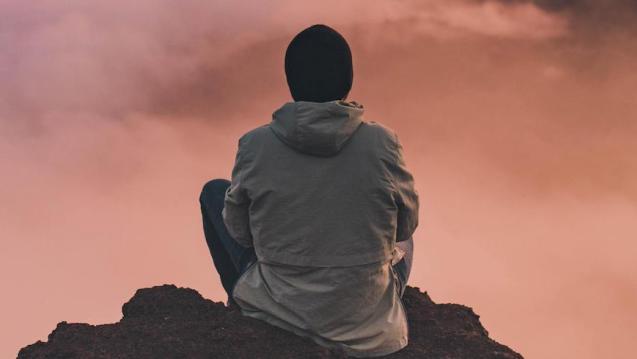 A photo of the back of someone sitting on a boulder with a pink cloudy sky
