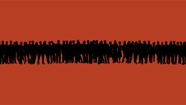 Long line of silhouettes of people standing on an orange background