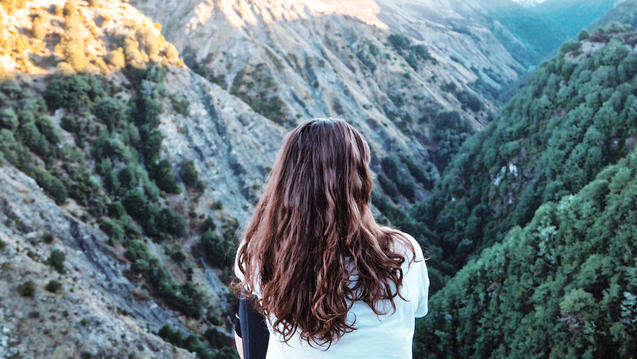 Photo of the back of a person sitting looking over a mountain canyon