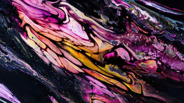 Abstract painting, marbling pattern, of black and magenta and yellow colors