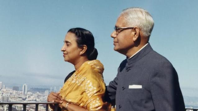 Photo of Bina and Haridas Chaudhuri on a balcony in 1969