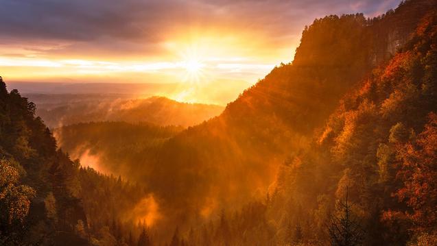 Photo of a foggy valley lit by sun