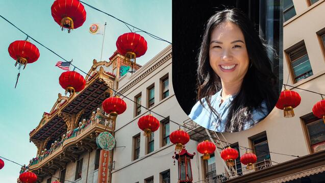 A portrait of Cynthia Huie superimposed on a background image of a street hung with red lanterns in San Francisco Chinatown.
