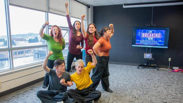 Students in rehearsal for Theatre for Change production of Breaking News!’