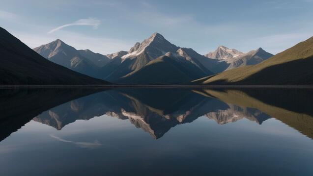 Image snow-capped mountains reflecting on the surface of a calm lake.