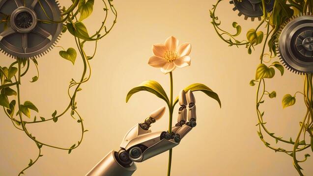 Image of a robotic hand holding a delicate flower.