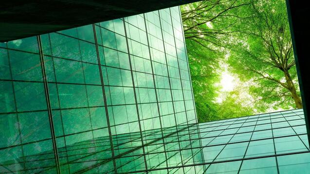Eco-friendly building in the modern city. Sustainable glass office building with tree for reducing heat and carbon dioxide. Office building with green environment. 