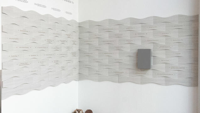 A photo of the Donor Wall Art Installation in the lobby at CIIS in San Francisco.