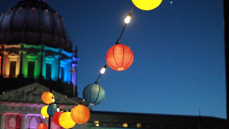 paper lanterns in front of building