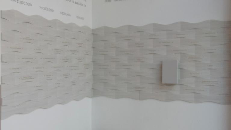 A photo of the Donor Wall Art Installation in the lobby at CIIS in San Francisco.