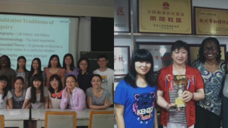 Expressive Arts Therapy Professor Denise Boston with groups of students in China