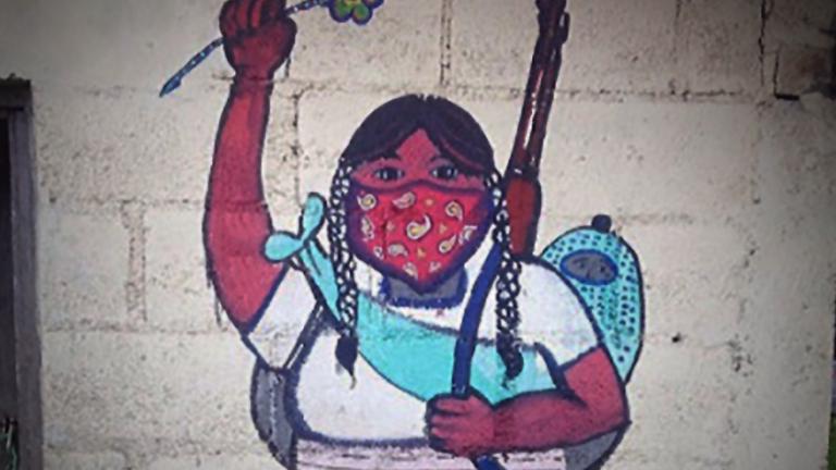 Liberación--painting of a girl holding up her arm in resistance in the autonomous Zapatista territory in Chiapas, Mexico.