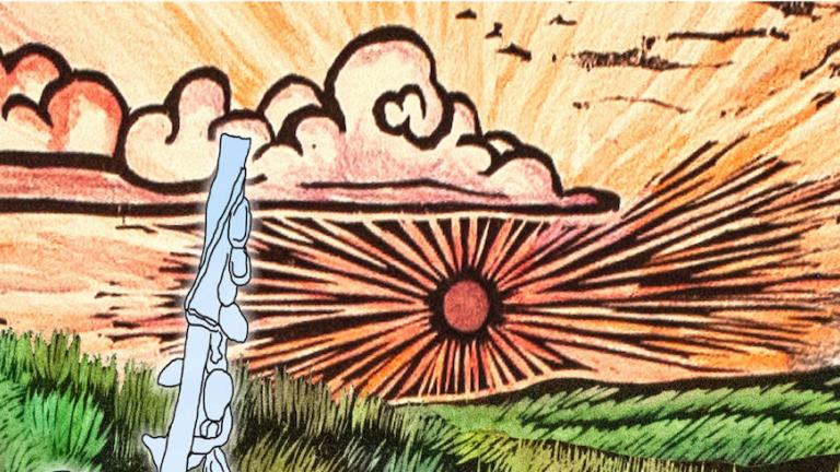 A stylized image of the sun over the mountains of Juristac with a raised fist to the left side.
