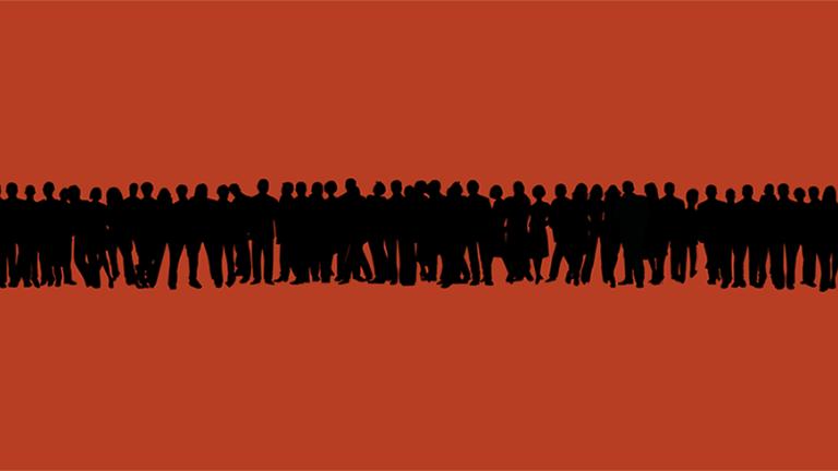 Long line of silhouettes of people standing on an orange background