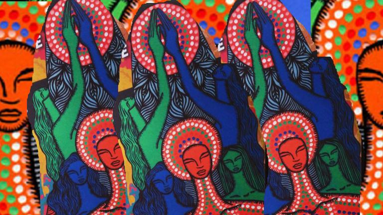 Image of colourful heads of goddesses with long neck. Find out more about the Women's Spirituality online MA and PhD programs at California Institute of Integral Studies, CIIS.