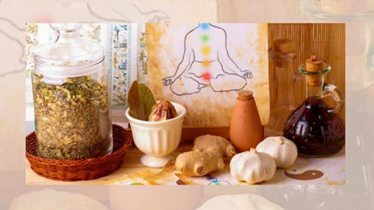 Images of herbs, garlic, tinctures and a chakra drawing. Find out more about the Integrative Health online M.A. program at California Institute of Integral Studies (CIIS)