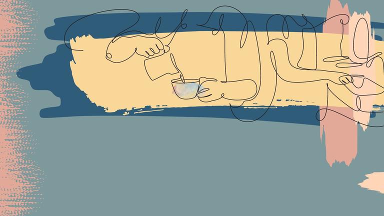 A blue background with yellow swipe highlighting a line drawing of hands pouring and accepting coffee cups