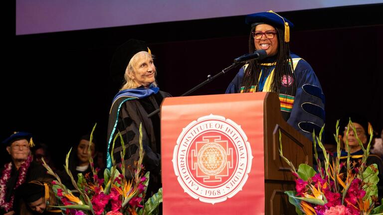 Meg Jordan at CIIS 58th Commencement. Herbst Theater, San Francisco, CA. Sunday May 24, 2026.
