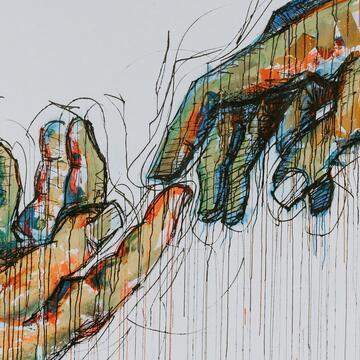 Two human hands painting
