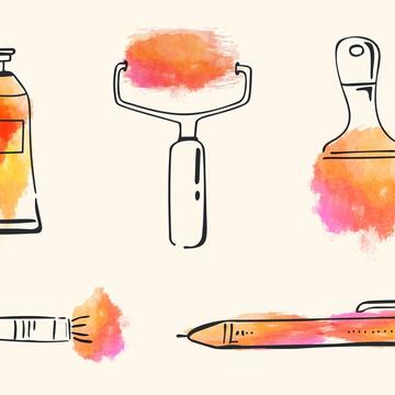 Image for P2 event. Image is a collection of illustrations of various art supplies, featuring a paint tube, a roller, a paintbrush, a smaller brush, a pen, and a marker. 