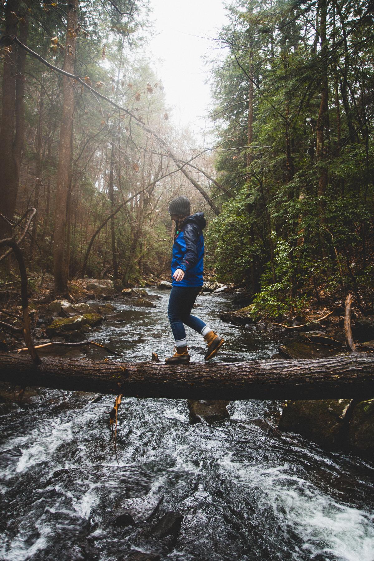 Person walking across a river on a fallen log