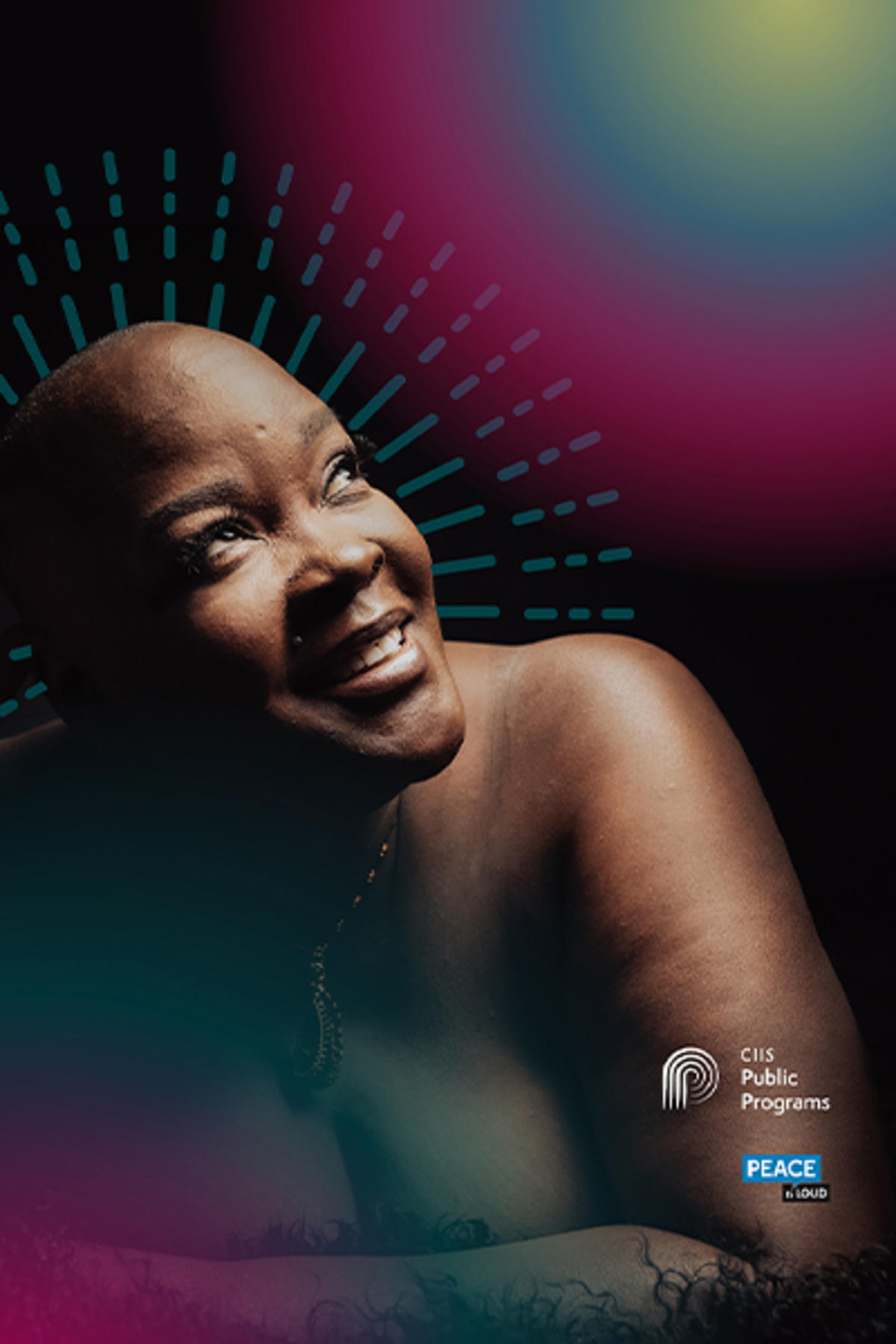 Sonya Renee Taylor in a color portrait and is looking to the right and smiling. Sonya is resting on a dark, fuzzy carpet and an illustration of a halo sits above her head as well as gradient of colors at the top right and bottom left corners.