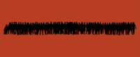Long line of silhouettes of people standing on an orange background