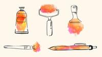 Image for P2 event. Image is a collection of illustrations of various art supplies, featuring a paint tube, a roller, a paintbrush, a smaller brush, a pen, and a marker. 