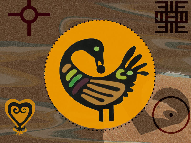 Sankofa symbol among other symbols. Art collage with a flat drawing of a bird with a curved neck holding a round object in its mouth