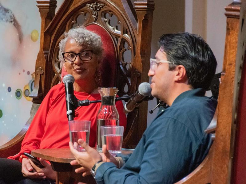 Image of Yung Pueblo having a conversation with Damali Roberts at California Institute of Integral Studies, CIIS