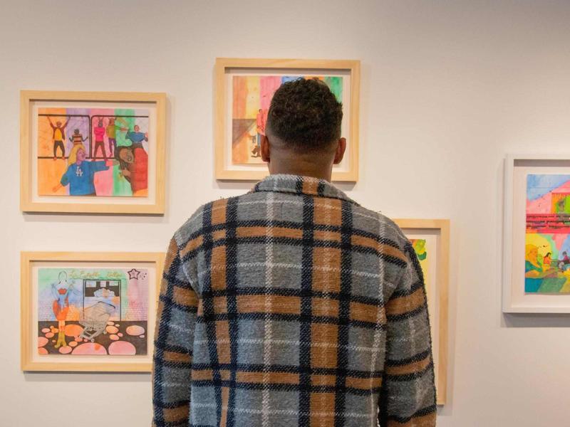 Photo of the back of a person looking at a wall of paintings